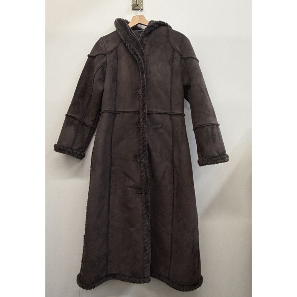 Anne Klein Long Faux Suede Fur Trim Hooded Coat Brown Women's Size S Y2K Boho